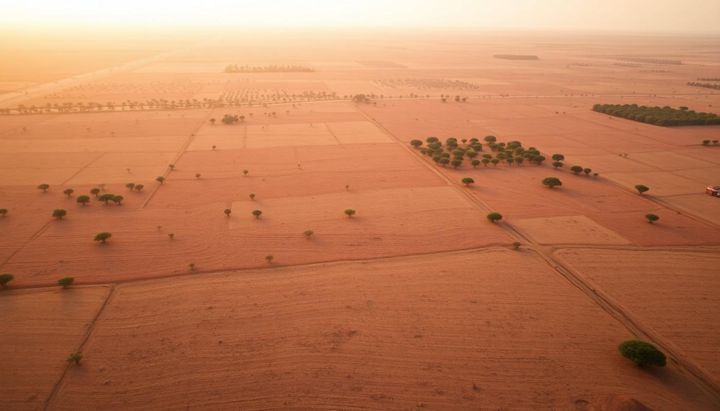 Aerial view of Nigerian farmland at golden hour