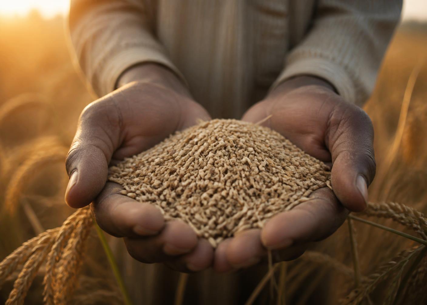Farmer holding freshly harvested grain
