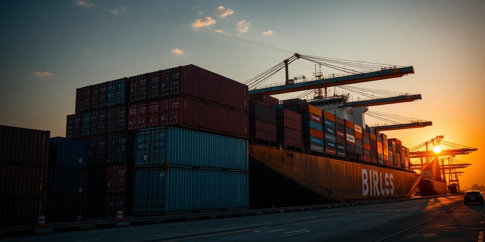 Container ship loading export cargo at sunset
